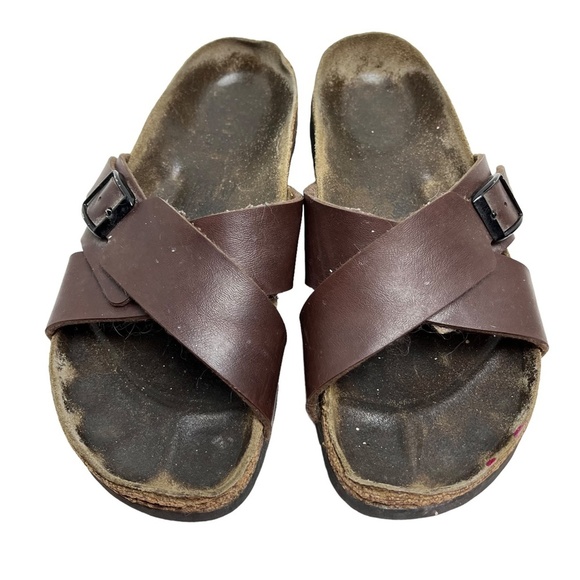 BIRKENSTOCK BIRKI'S Brown Genuine Leather Criss Cross Slides Sandals Shoes sz 6 - Picture 3 of 16